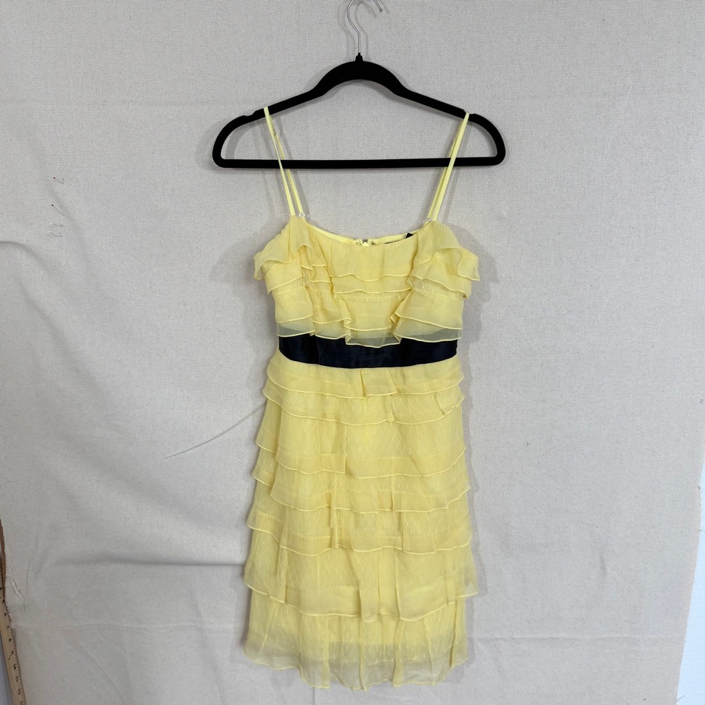 BCBGMAXAZRIA Yellow Silk Tiered Ruffle Mini Dress Size 4 Black Sash Accent